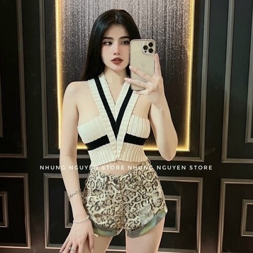 Áo len mỏng cổ yếm dáng croptop, Áo kiểu cổ chéo dáng ôm sexxy AL6038 - NhiNhi Shop