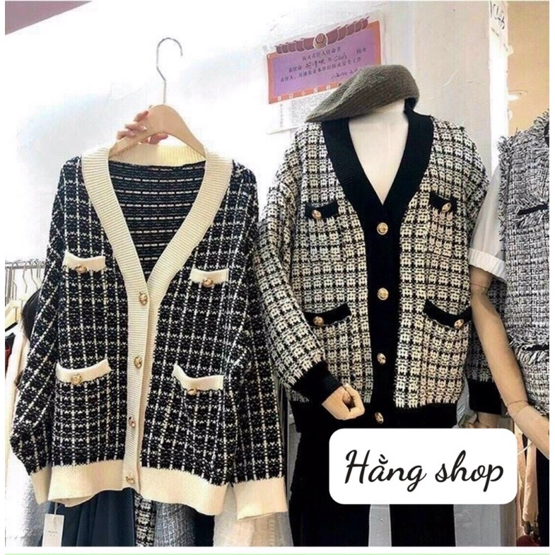 Áo khoác len, áo cadigan len gạo có viền dáng rộng cho nữ