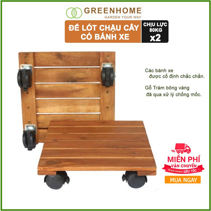 Bộ 2 Đế lót chậu cây có bánh xe, hình vuông, màu nâu, bằng gỗ, chịu lực 80kg, R30xC8cm |Greenhome