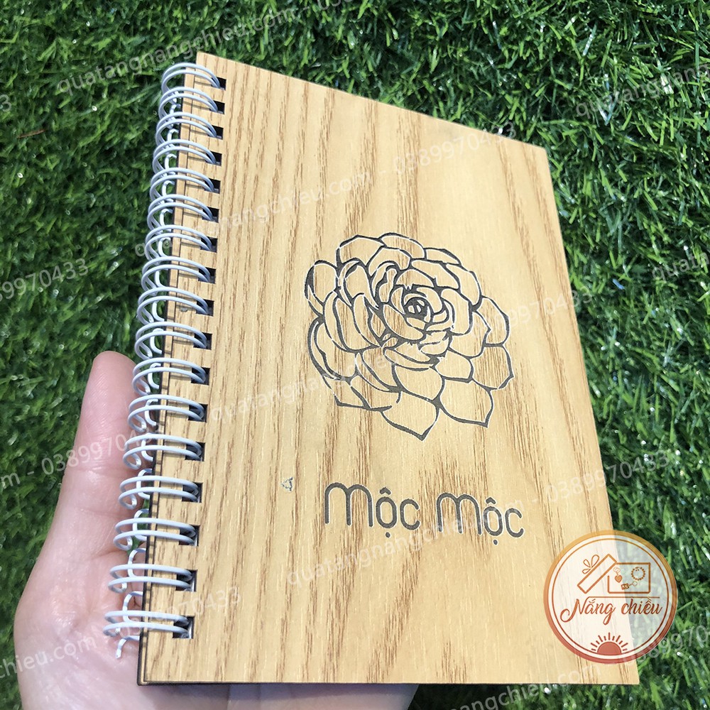 SỔ TAY BÌA GỖ HANDMADE - Sổ tay khắc hình sen đá làm quà tặng - Và khắc các hình ảnh khác theo yêu cầu