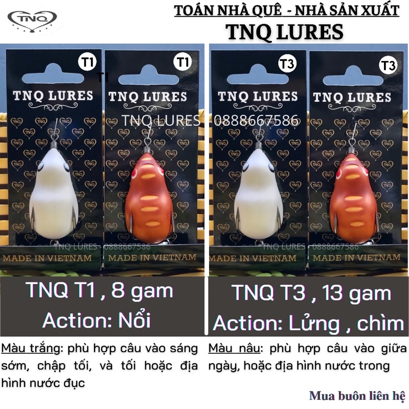 Mồi lure nhái hơi TNQ T1 (8g-Nổi) và T3 (13g-Lửng,chìm)- Toán Nhà Quê