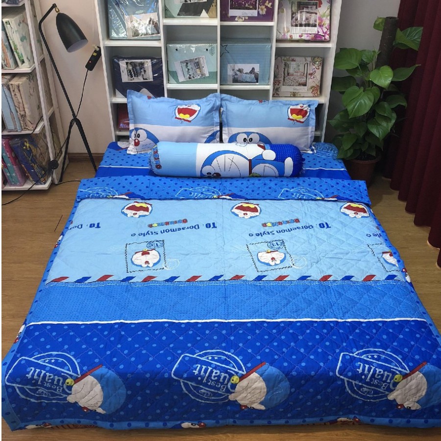 Bộ drap nệm - 1 ga kèm 2 vỏ gối nằm hoạt hình Doraemon 1M2 1M6 1M8