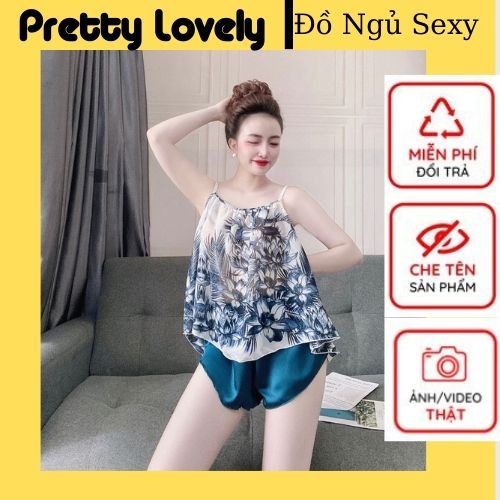 Đồ Ngủ Sexy⚡FREESHIP⚡Đồ Bộ Mặc Nhà Nữ Áo 2 Dây Voan Hoa Phối Quần Đùi Satin Màu Hàng Đẹp Phong Cách Gợi Cảm