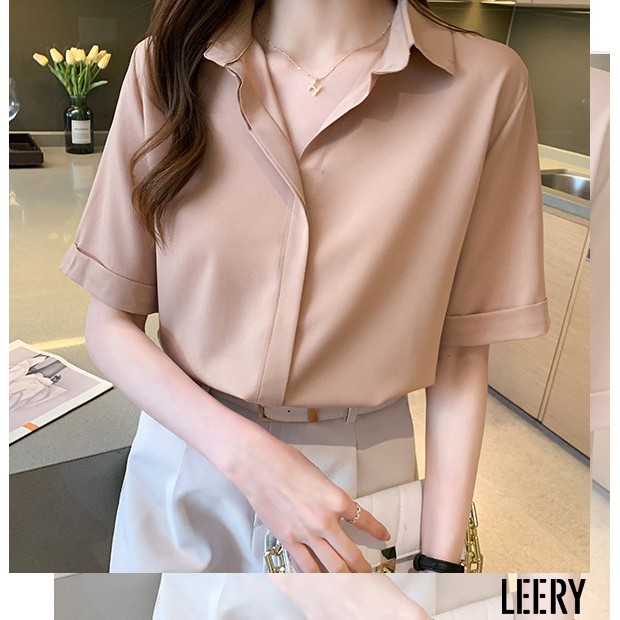 Áo sơ mi nữ đẹp tay ngắn công sở màu Đen Trắng Xanh Be kiểu Hàn Quốc form rộng chất lụa cao cấp LEERY SM-02