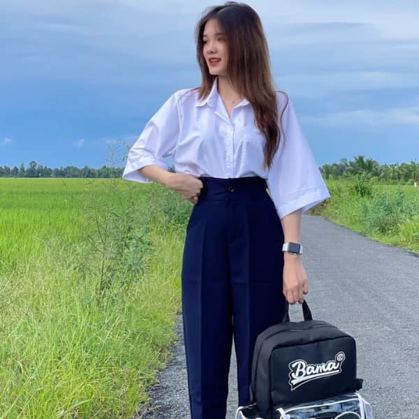 Áo Sơ Mi Nữ Tay Lỡ Ánh Xanh, Áo Sơ Mi Đi Học 1 Túi Hàng 3158