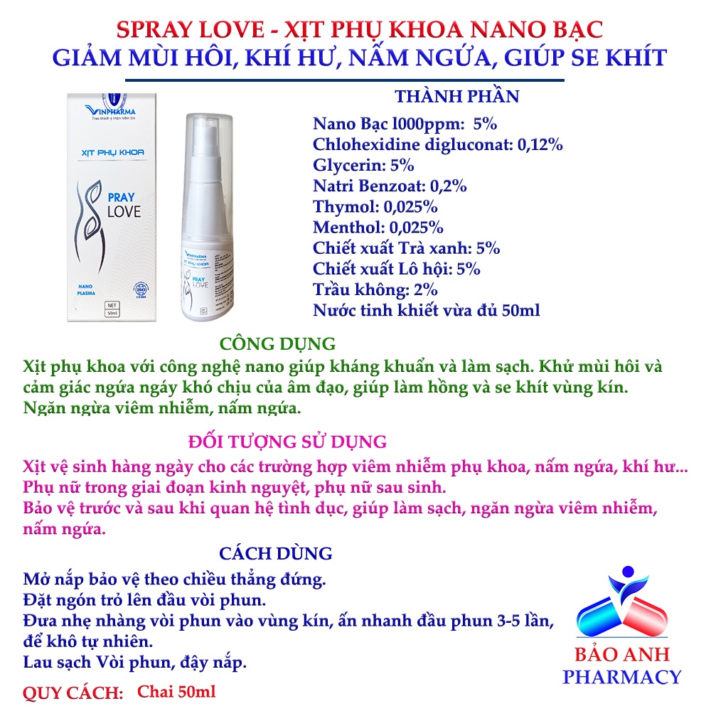 SPRAY LOVE – Xịt phụ khoa chứa Nano bạc, Trầu không, Trà xanh giúp giảm ngứa, nấm, mùi hôi – Chai 50ml