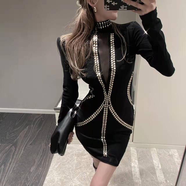 Đầm Dự Tiệc Màu Đen Phối Lưới Đính Đá Thời Trang Sang Trọng Cho Nữ