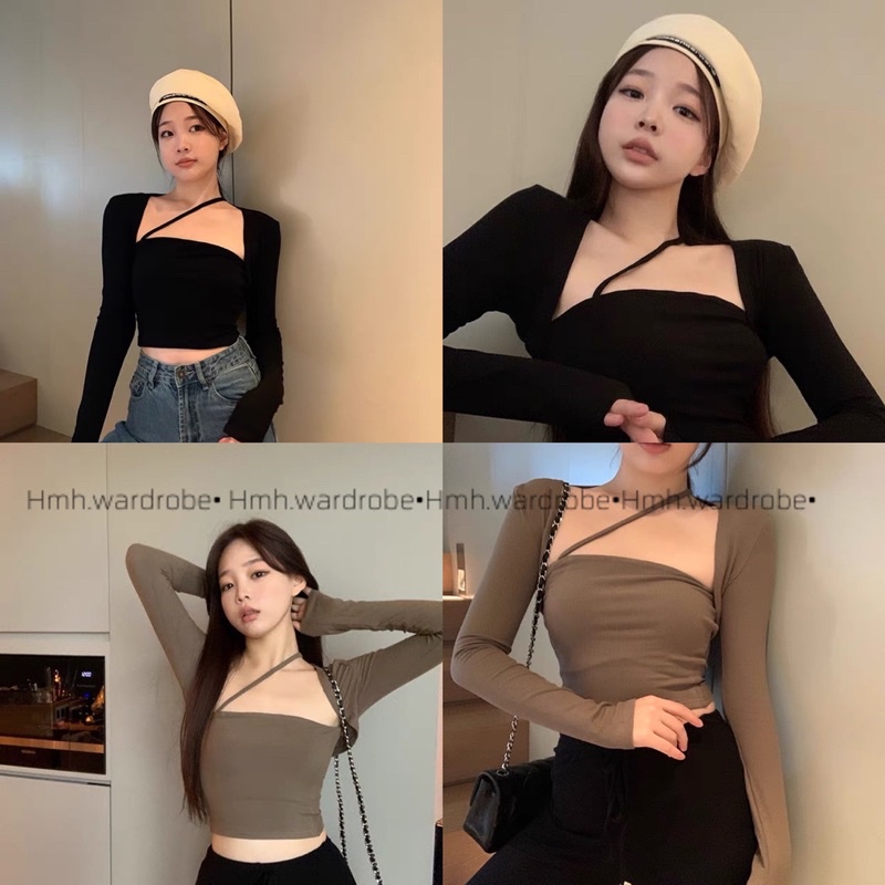 Áo dài tay cổ vuông phối dây chéo sexy . Chất thun gân , thấm hút tốt , thoáng mát