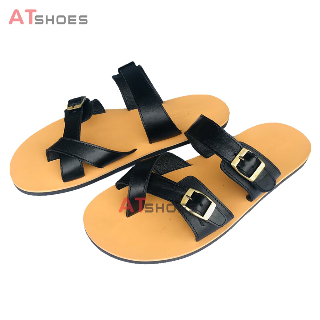 Sandal nam, dép quai ngang, dép nam da bò, không thấm nước, êm chân thoải mái Atshoes QN2M (Đen - Nâu)