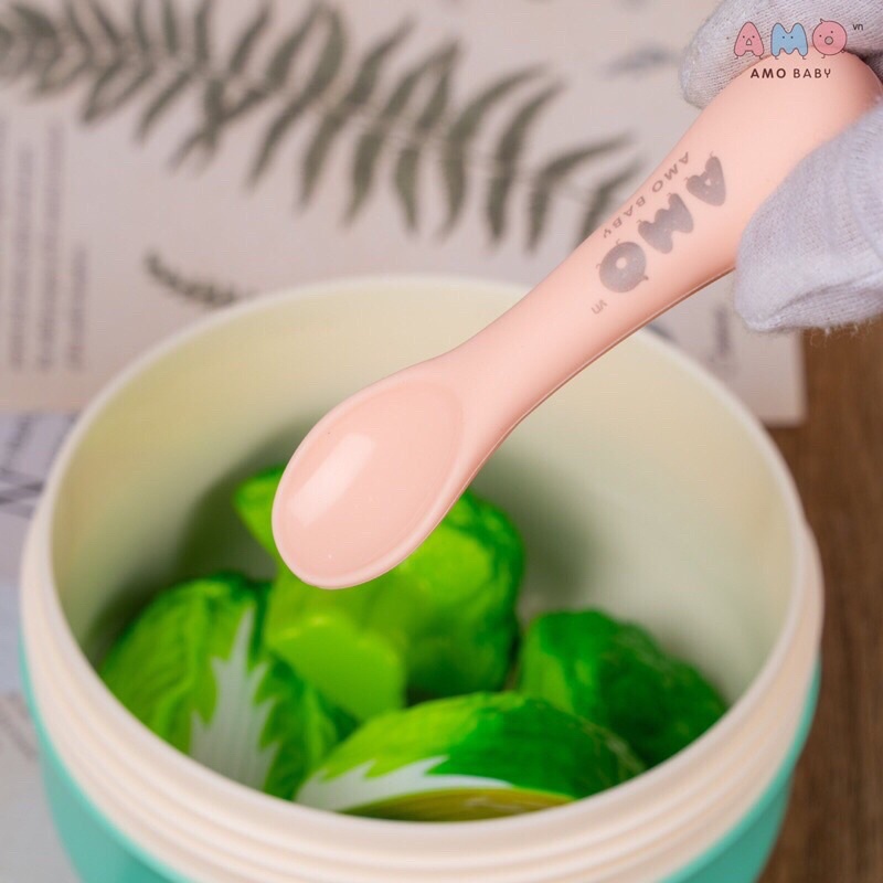 Set 2 Thìa Silicone AMO Kèm Hộp Cao Cấp Cho Bé