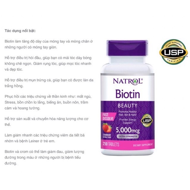 Viên uống hỗ trợ mọc tóc, đẹp da Natrol Biotin Beauty Fast Dissolve 5000mcg (vị dâu)