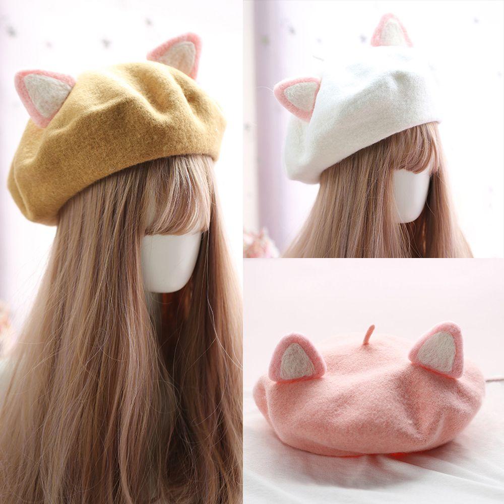 SUSANS Mũ Beret Len Lông Cừu Hình Mèo Giữ Ấm Mùa Đông Cho Nữ