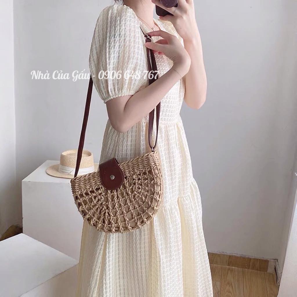 Túi cói khóa da vintage đi chơi, đi biển cực xinh