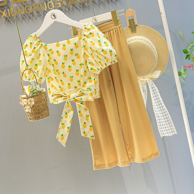 Set Áo Thun Ngắn Tay + Quần Short Lưng Cao Ống Rộng Thời Trang Cho Bé Gái