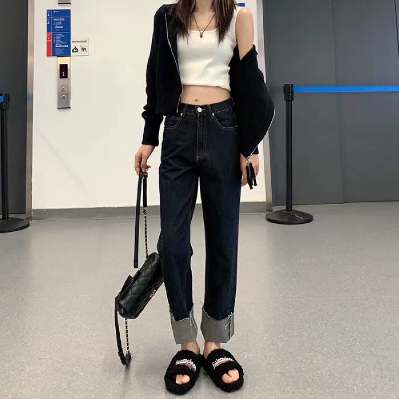 1600 | Quần Bò Jeans Suông Baggy Dáng Đứng Gập Rách Gấu Màu Đen Xám Xanh Thiết Kế Đơn Giản