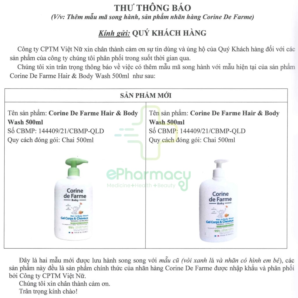 Gel tắm gội cho bé Corine De Farme Hair & Body Wash Gel Corps & Cheveux