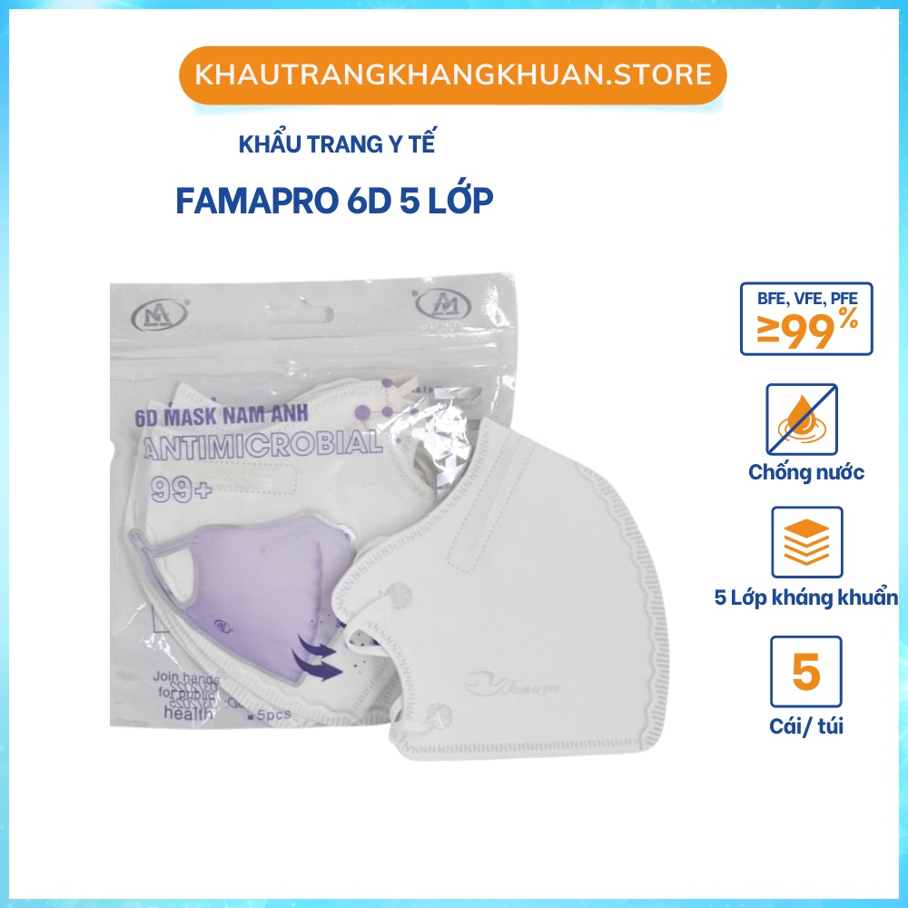 Khẩu trang 6D Famapro [Mẫu mới nhất], Khẩu trang trắng, chống bụi siêu mịn, 99% kháng khuẩn, form đẹp, ôm sát.