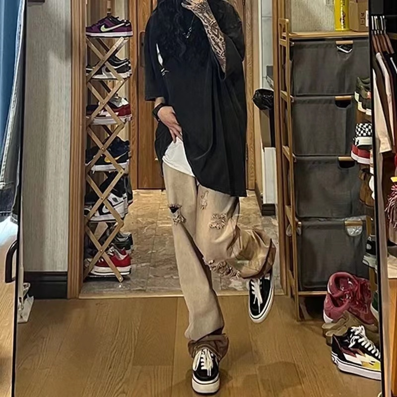 Quần Jean Nam Dài Dáng Rộng Co Giãn Tốt Phối Rách Kiểu Vintage Thời Trang Cho Nam Và Nữ Quần jean hang động retro Quần denim thẳng bình thường