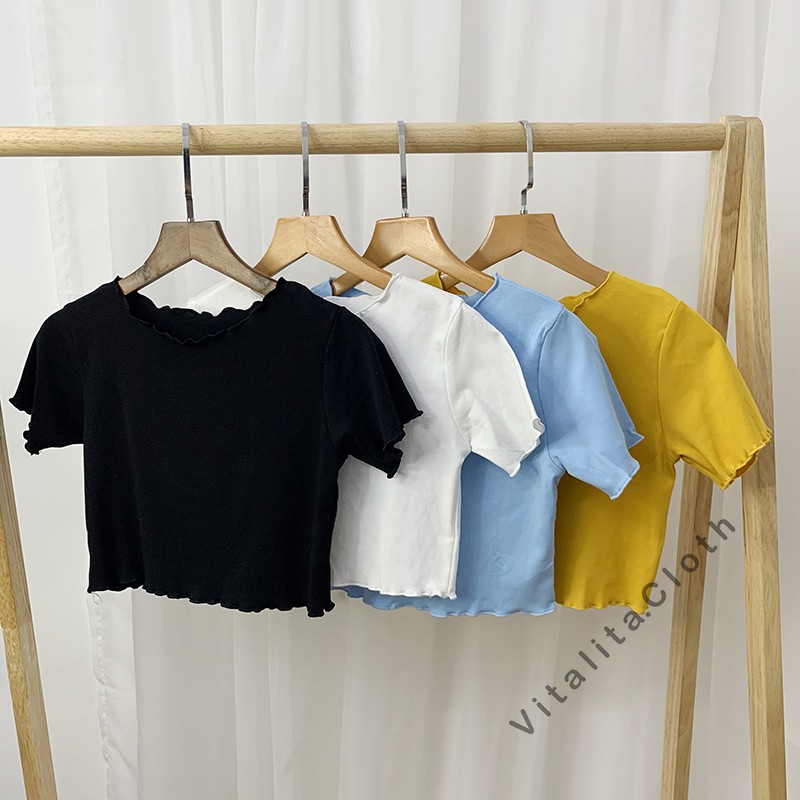 Áo Croptop tay ngắn ôm Body viền cuốn bèo màu Trắng / Đen / Xanh lơ / Vàng - Chất vải Cotton co giãn - Phối đồ cá tính