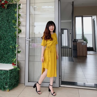 [Ảnh thật] Đầm vàng đắp chéo cột nơ eo dễ thương ulzzang