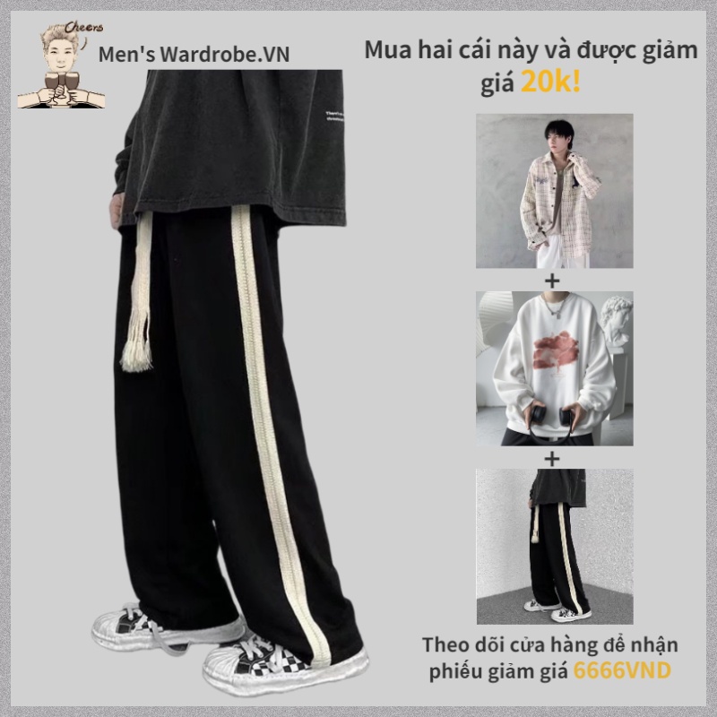Quần thể thao ống rộng kẻ sọc hai bên thời trang Hàn Quốc cho nam quần jogger thể thao nam bigsize quần ống suông