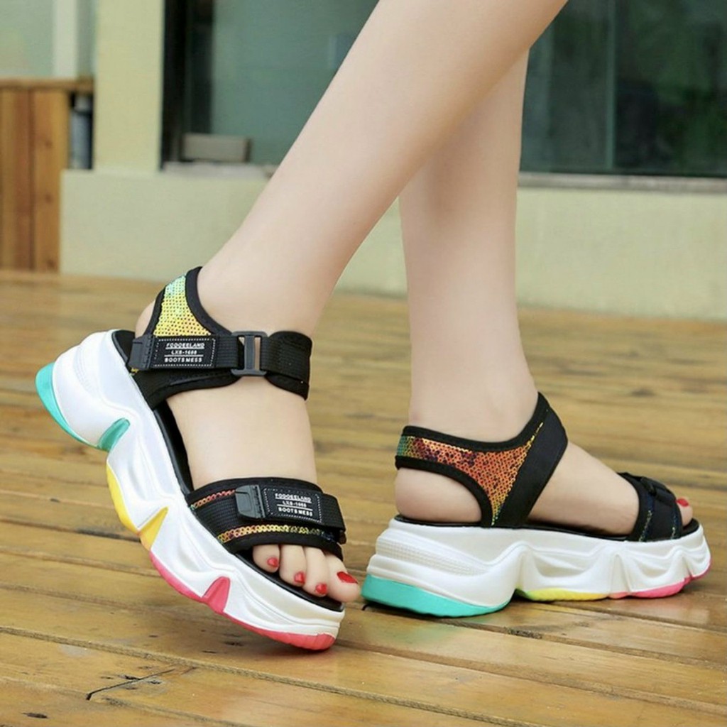 Giày Sandal Đế Bằng HÀNG ĐẸP Sandal Nữ Quai Kết kim Sa - Đế Phối Màu (Quảng Châu) 812