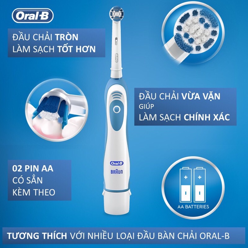Bàn chải Pin Oral-B, đầu bàn chải thay thế nhiều loại, dùng pin AA