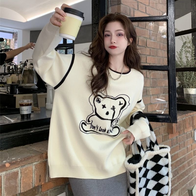 Áo Nỉ Tay Dài Cổ Tròn Form Rộng Họa Tiết Gấu Dễ Thương Phong Cách Hàn Quốc