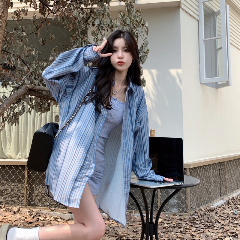 Áo sơ mi SUXI tay dài họa tiết kẻ sọc thời trang dành cho nữ