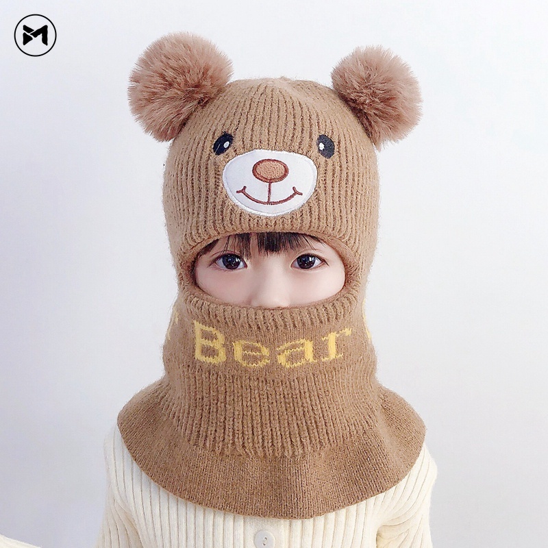 Mũ Len Trùm Tai Chống Gió Hình Gấu Dễ Thương Thời Trang Thu Đông Cho Bé 1-6 Tuổi