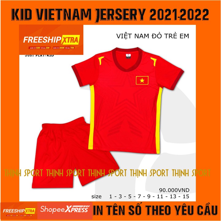 Bộ quần áo đá banh trẻ em Việt Nam đỏ, Bộ quần áo bóng đá trẻ em Việt Nam in tên và số theo yêu cầu