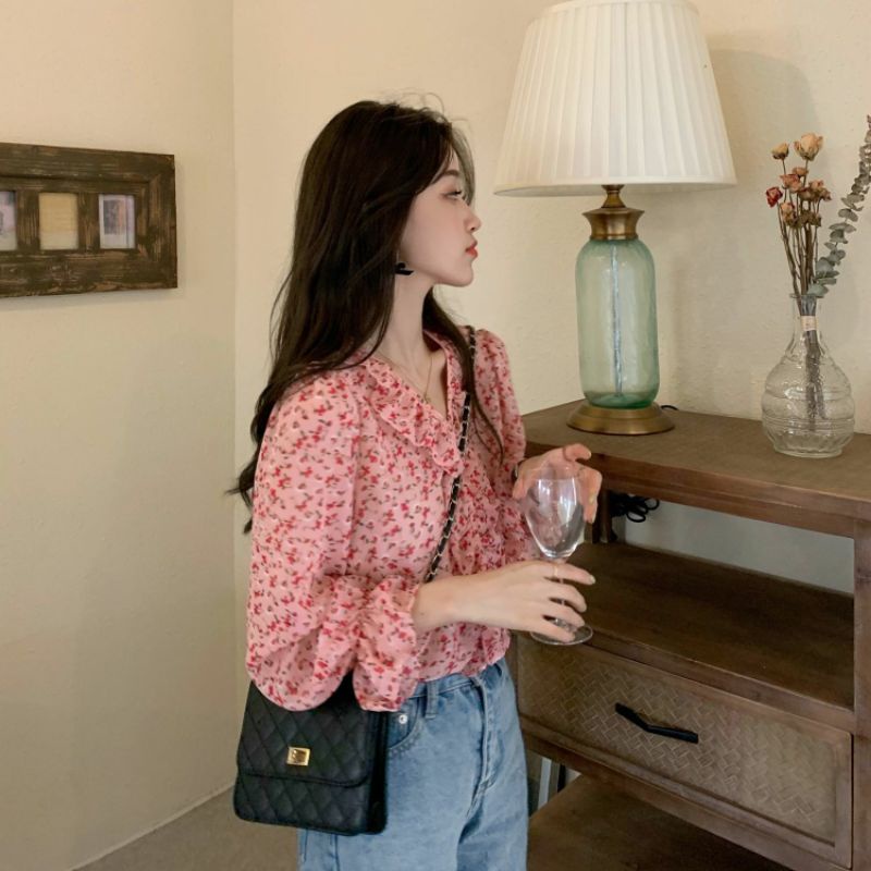 Áo Sơ Mi Nữ Tay Dài Cổ Bèo Hoa Nhí Cực Xinh Ulzzang