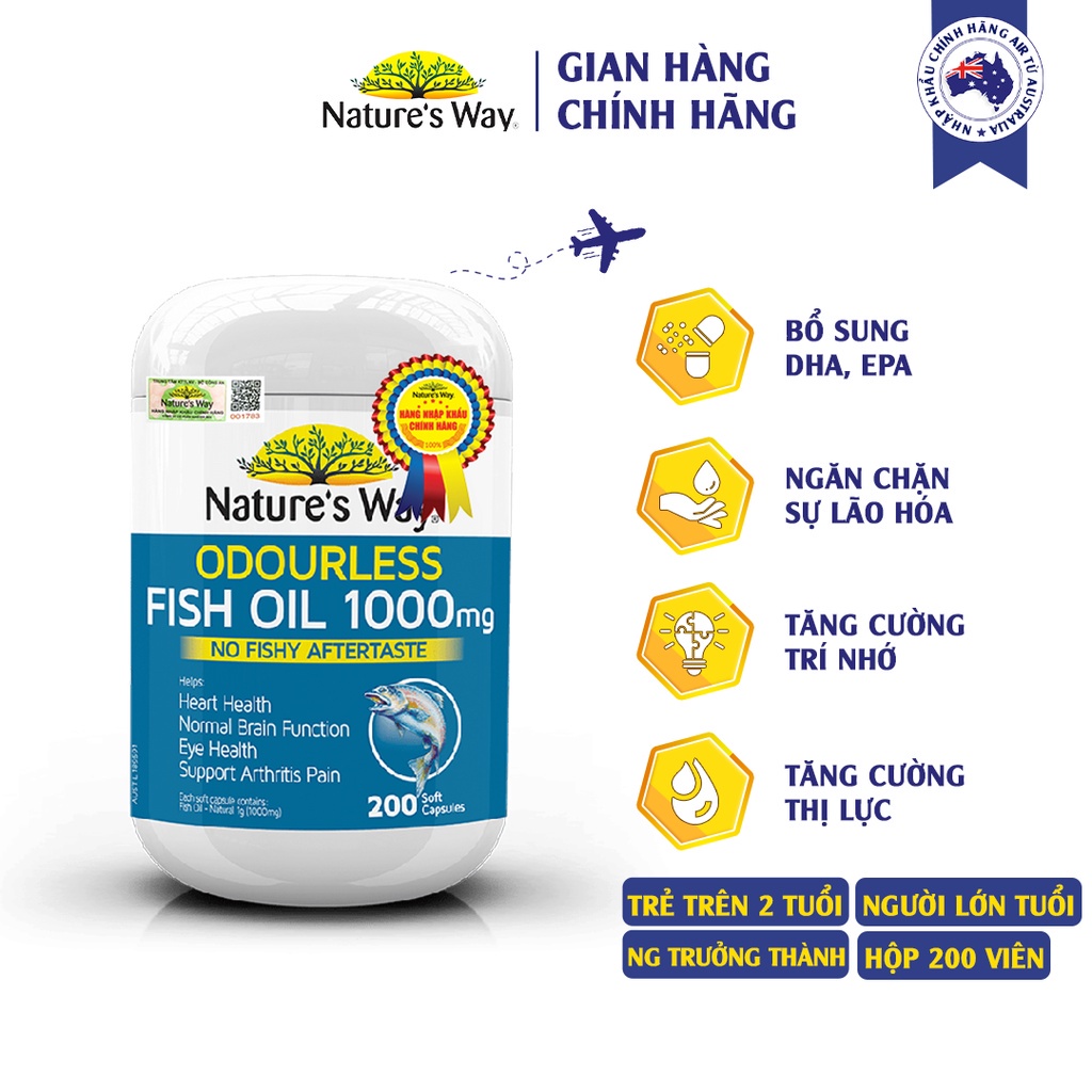 Viên Uống Dầu Cá Nature’s Way Odourless Fish Oil Tăng Cường Sức Khoẻ Tự Nhiên Không Mùi 1000mg - Date mới