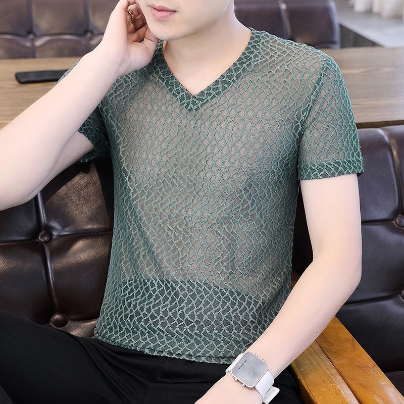Áo Thun Tay Ngắn Cổ Chữ V Phối Lưới Siêu Mỏng Thời Trang Mùa Hè Cho Nam