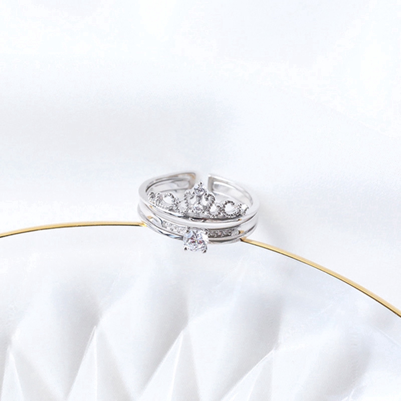 Ahellogirl Nhẫn Pha Lê Vương Miện 2Pcs In One Charm Crystal Crown Zircon Silver Wedding Ring Women Jewelry