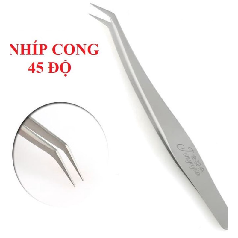 Nhíp cong 45 độ, nhíp cong bao da Bạc - nối mi - tạo fan - dụng cụ nối mi