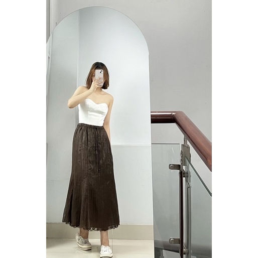 Chân váy dài nữ xếp ly nâu phối ren có dây rút retro vintage lưng chun voan hai lớp dày dặn