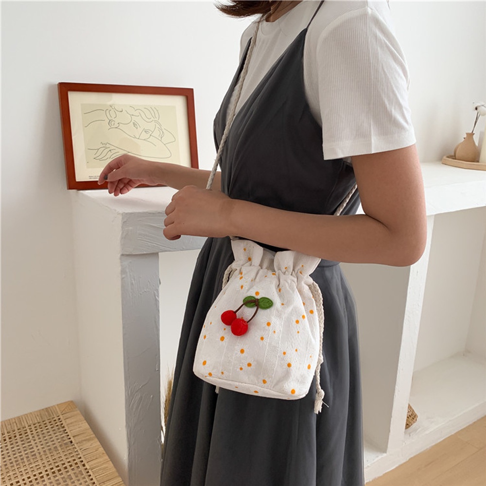Túi Đeo Chéo Nữ Mini Miệng Dây Rút Quả Cherry Nhỏ Xinh Họa Tiết Hoa Dễ Thương