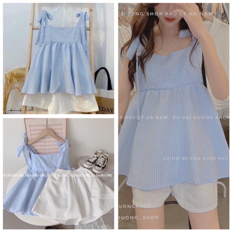 Set Áo Babydoll 2 Dây Kẻ Caro Xanh Xốp Kèm Quần Short Trắng(Hàng Sẵn, Ảnh Thật)