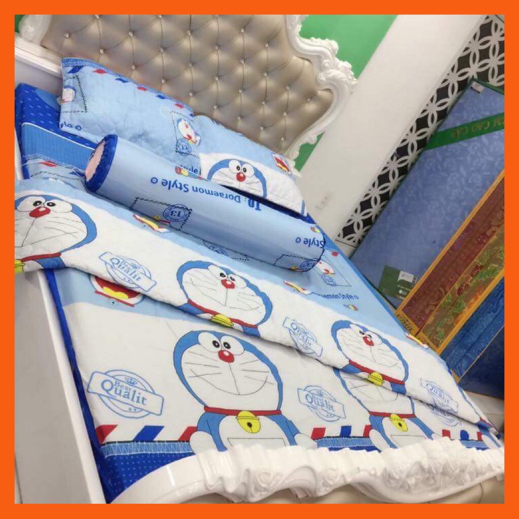 Set 1 drap nệm 2 vỏ gối nằm mẫu Doraemon tem thư 1M6X2M