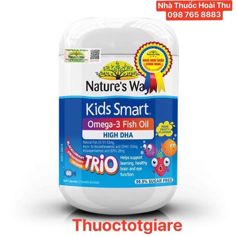 Nature's Way Kids Smart Omega 3 Fish Oil TRIO - Viên dầu cá bổ sung DHA phát triển trí tuệ cho bé (Hộp 60v)