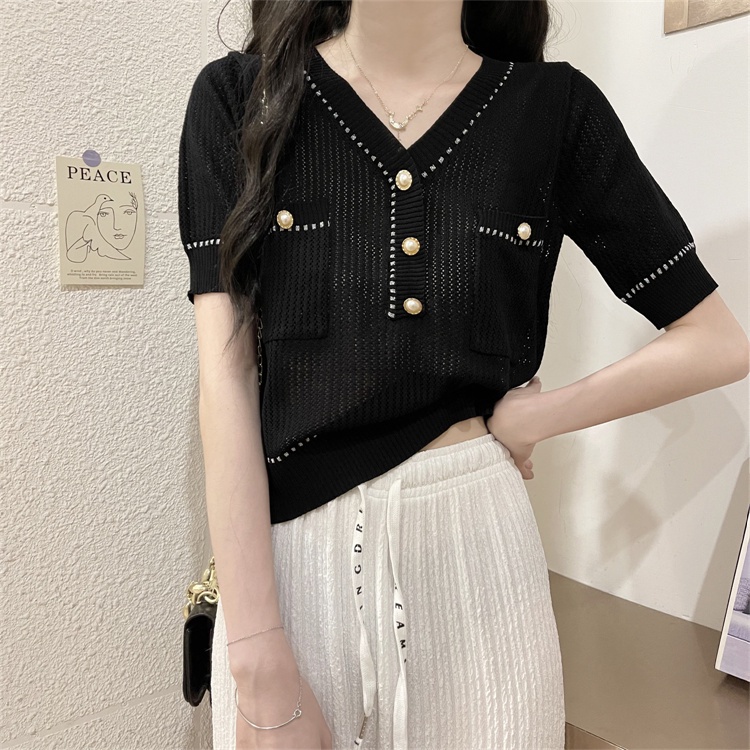 SUXI Áo Thun Dệt Kim Tay Ngắn Cổ Chữ V Màu Sắc Trơn Phong Cách Hàn Quốc Cho Nữ