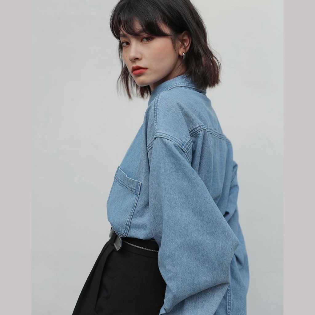 ⚡️FREESHIP⚡️Deal HOT Áo sơ mi bò Denim style Vintage Pháp dáng rộng basic kèm túi da phong cách cho nữ Laylaland