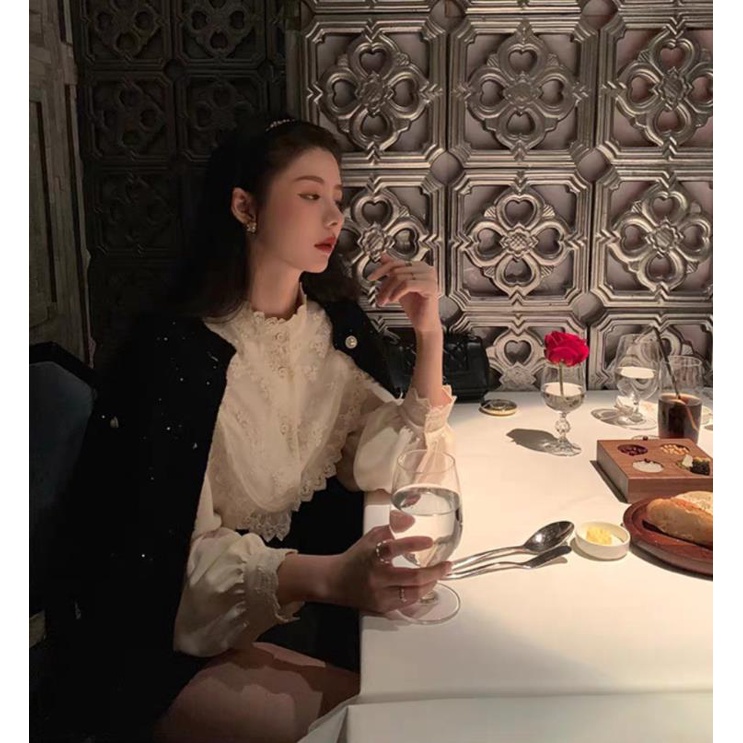 Áo Sơ Mi Tay Dài Phồng Phối Ren Màu Sắc Trơn Phong Cách Vintage Dành Cho Nữ