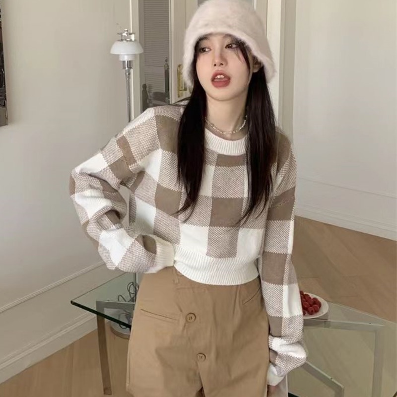 Áo Len Tay Dài Họa Tiết Sọc Caro Phong Cách Retro Hàn Quốc