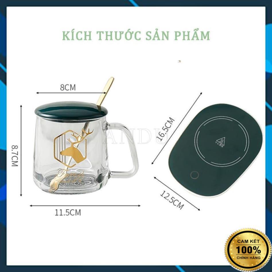 Bộ Ly Sứ Trắng Làm Nóng Trà Cafe Tự Động LUCKY, Bộ Cốc Hâm Nóng Đồ Uống Sang Chảnh Tặng Thìa Mạ Vàng Cao Cấp