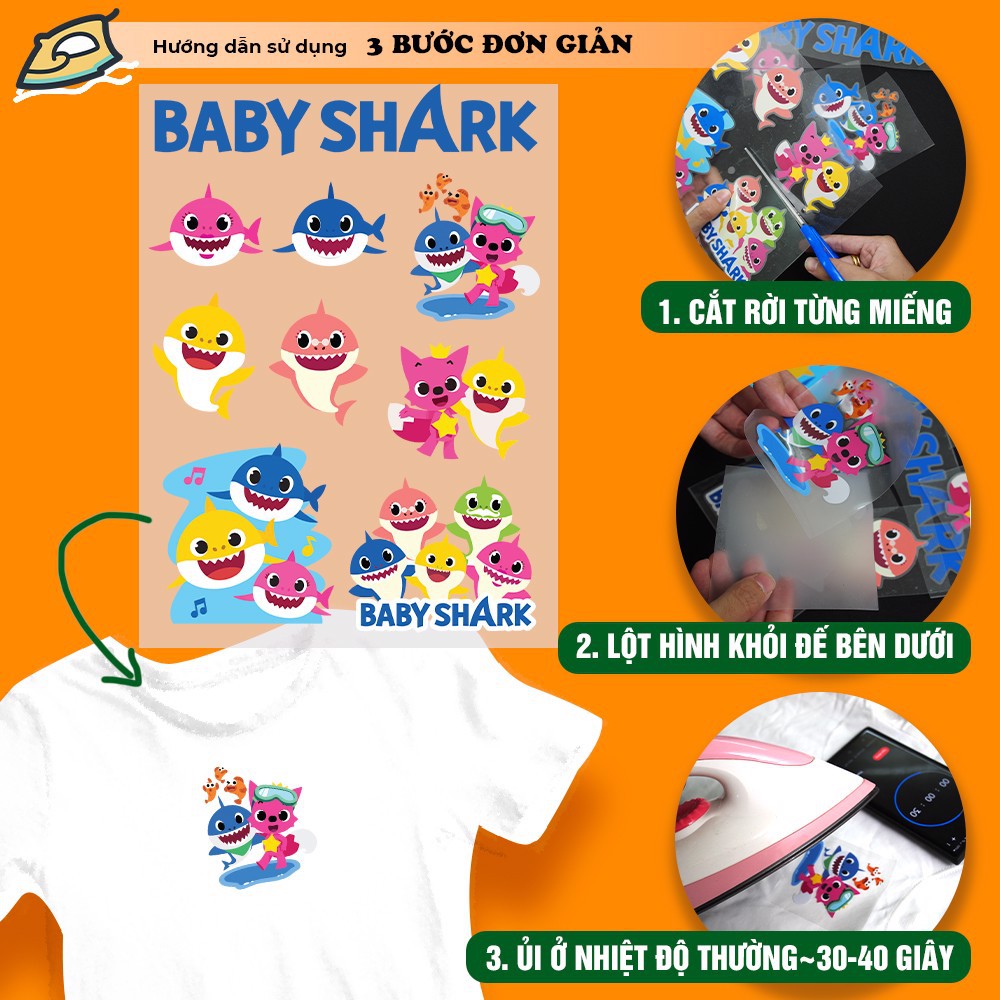 Set sticker ủi ép Baby Shark - ( chất liệu Decal Stahls Mỹ ) - STICKER FACTORY - Kích thước A4