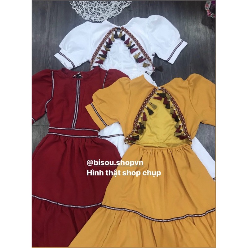Đầm maxi đũi lụa thổ cẩm phối viền tay bồng hở lưng vintage, Váy tiệc xoè xịn retro du lịch chụp ảnh đẹp 3 MÀU HÌNH THẬT | BigBuy360 - bigbuy360.vn