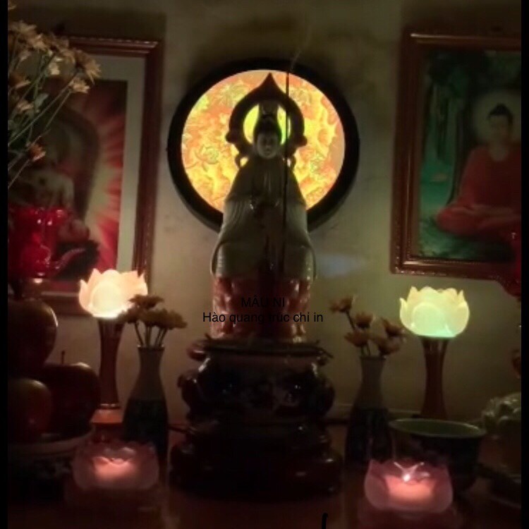 Đẹp - ĐÈN HOA SEN hào quang BÀN THỜ, đường kính 30cm, tranh in trúc chỉ MÂU NI  - cho bàn thờ đẹp