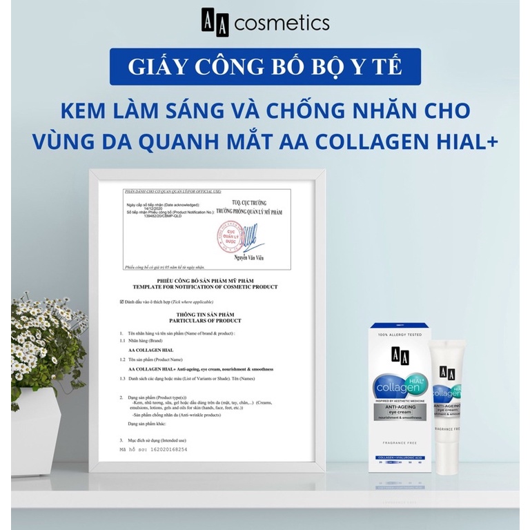 Kem trẻ hóa và giảm nhăn mắt AA Collagen Hial+ Anti - Ageing Eye Cream